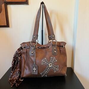Y2K Brown Embossed Studded Crystal Cross Zippered Shoulder Bag Designer Inspired